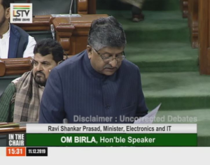 The Minister for Electronics and Information Technology presenting ‘The Personal Data Protection Bill, 2019’ in the Lok Sabha on 11/12/19